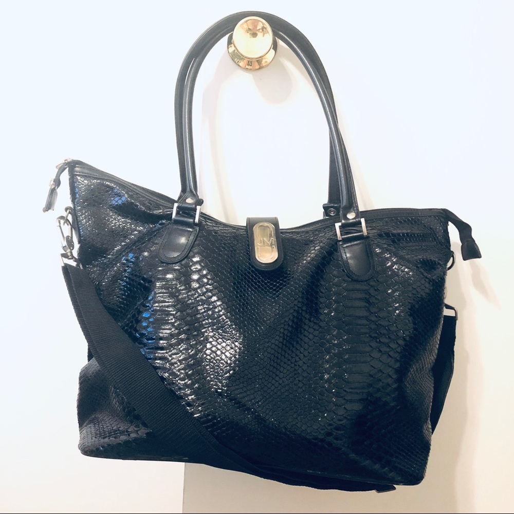 Joy Mangano Black Snake Embossed Oversized Tote